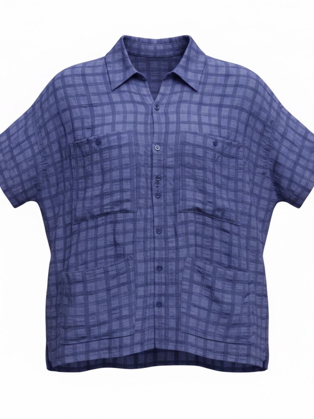 Max Studio Blue Plaid Shirt Textured Short Sleeve Button Up Pockets Women Small